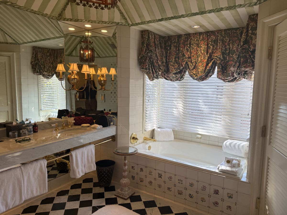 The bathroom — nearly a second room of its own, with a soaking tub and tented ceiling.