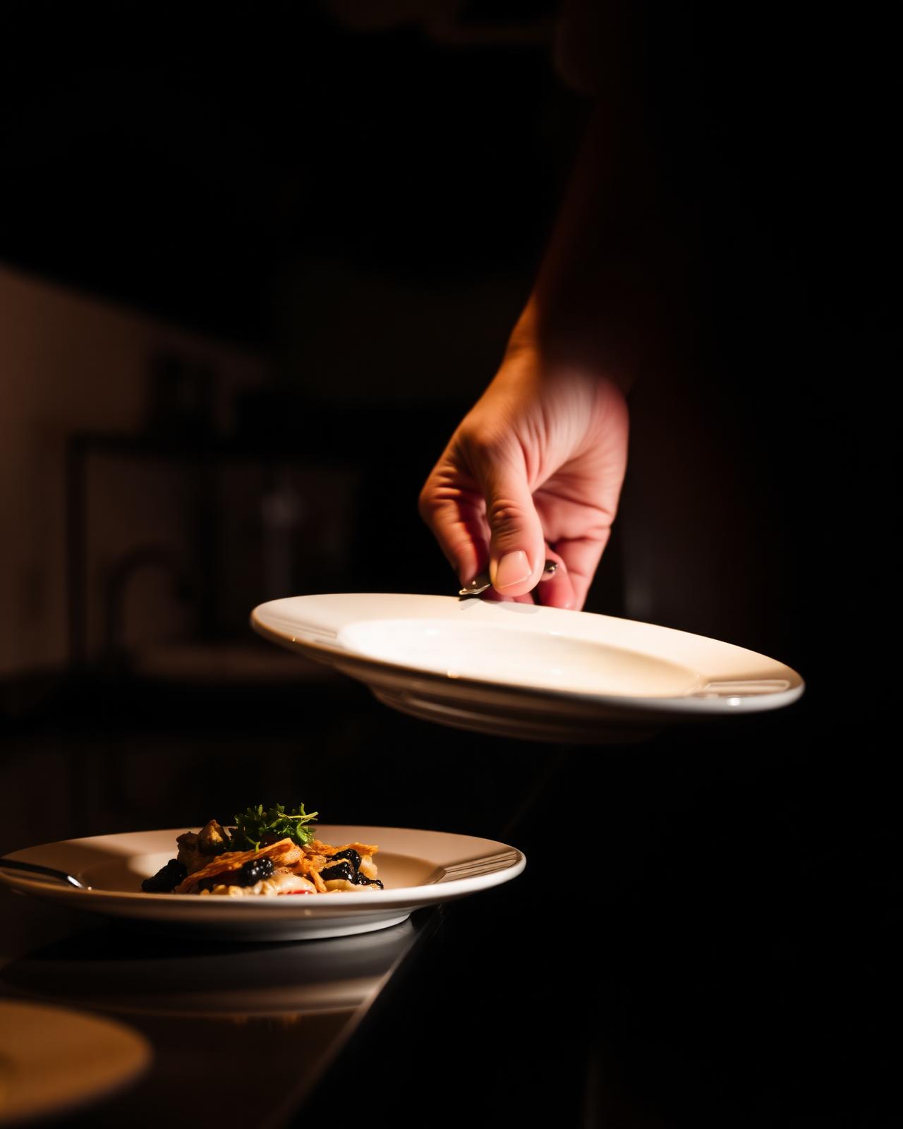 Chef plating a dish in a warm kitchen