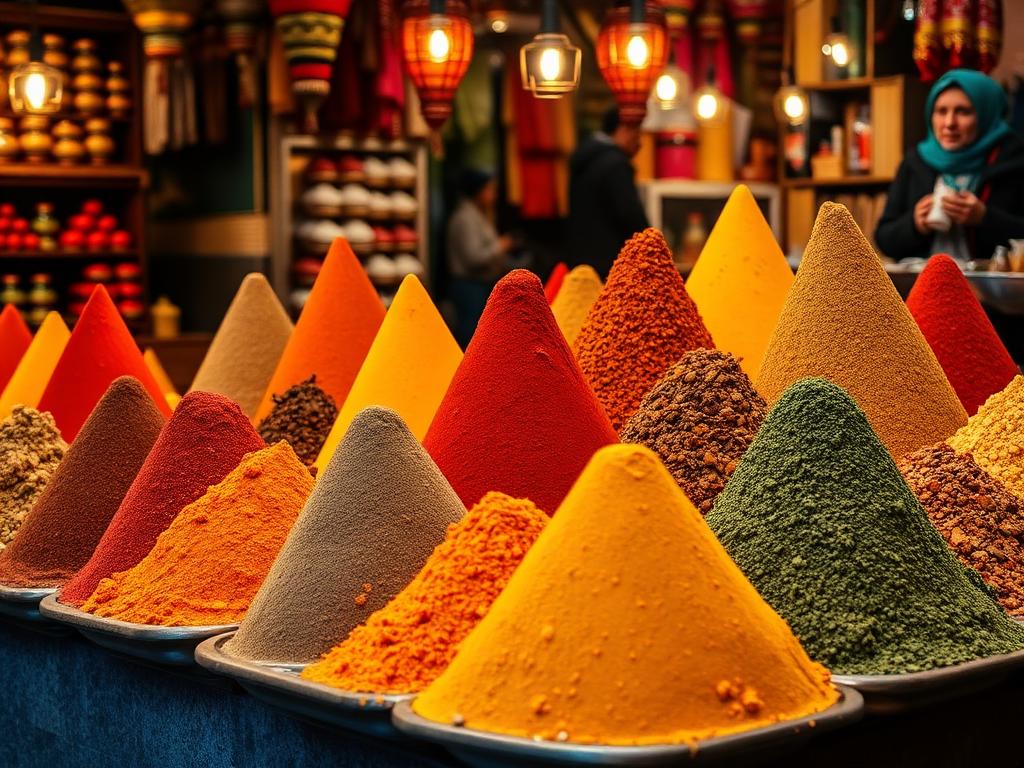 Conical mounds of spices at a stall in the Marrakech medina.