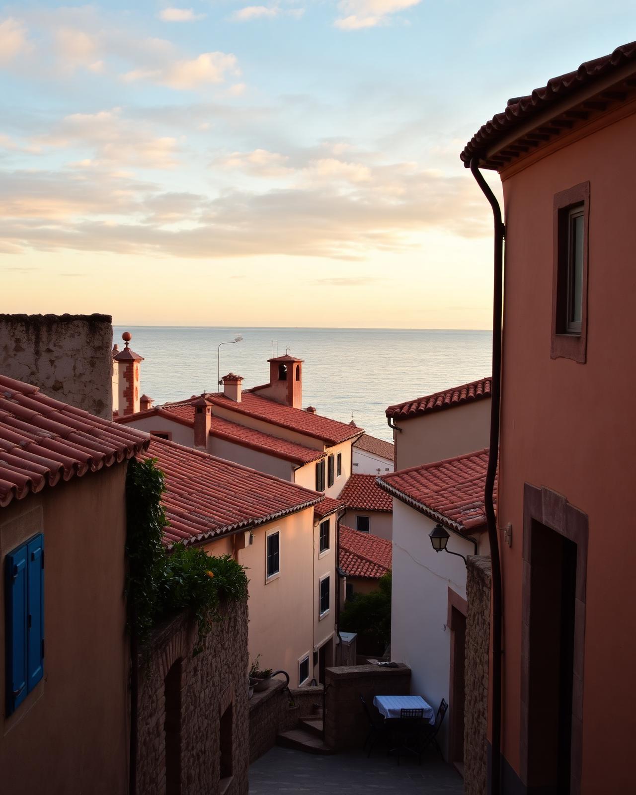 Coastal Mediterranean village at sunset