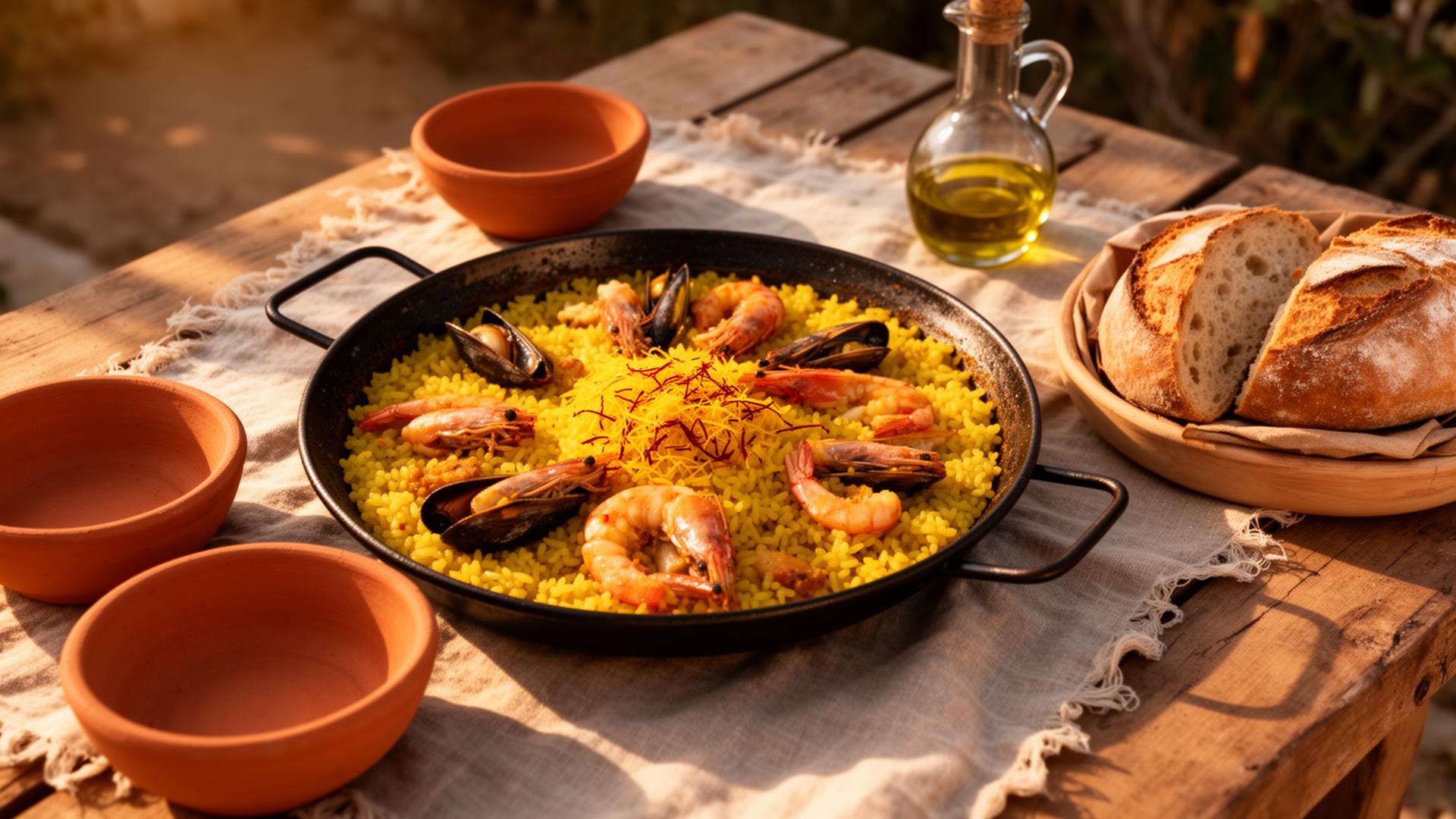 Saffron paella on a sunlit rustic table